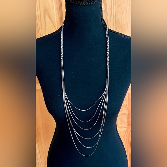 Elegant Gunmetal Multi-Layer Necklace Braided Chain Liquid Silver 6 Strands VTG - Picture 4 of 11